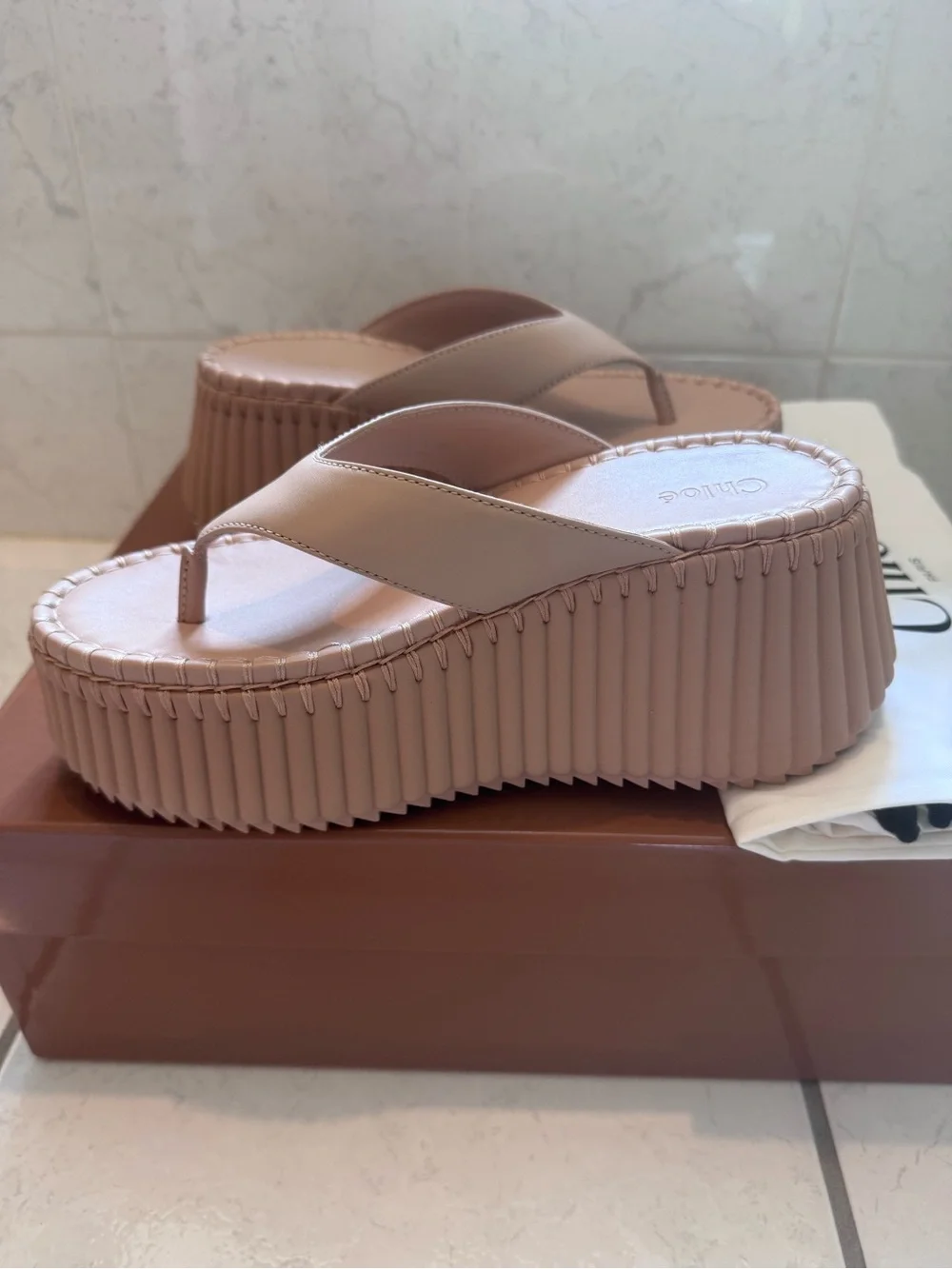 Chloé Nama Wedge Platform Slides Toasted Brown Leather Size 36
